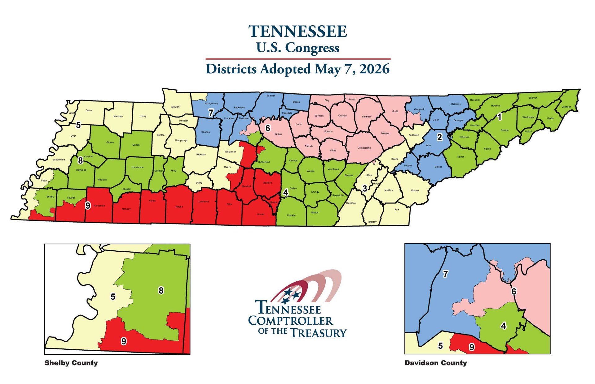 Map of Tennessee congressional districts adopted May 7, 2026, with District 8 covering Carroll, Chester, Crockett, Decatur, Fayette, Gibson, Haywood, Henderson, Madison, Perry, Tipton, and Shelby counties