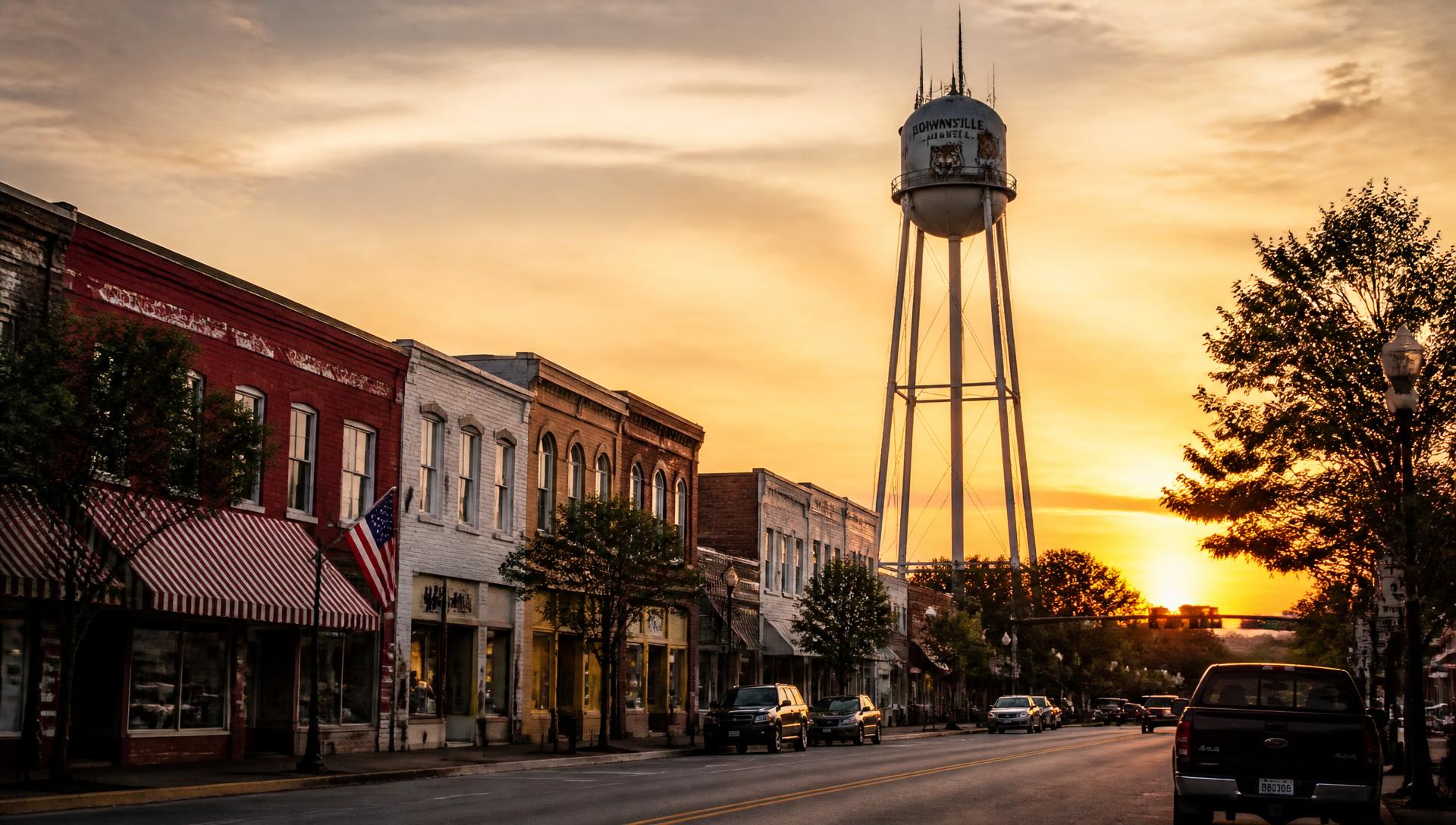 Small-town West Tennessee Main Street at sunset with a water tower skyline
